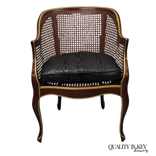 Vintage French Louis XV Style Red Lacquer & Gold Cane Bergere Lounge Club Chair