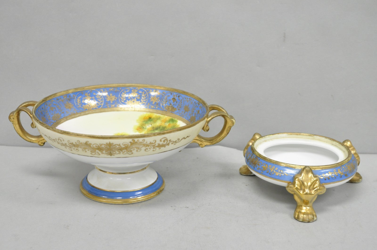 Nippon Hand Painted Porcelain Blue Centerpiece Compote Bowl w/ Cottage & Geese