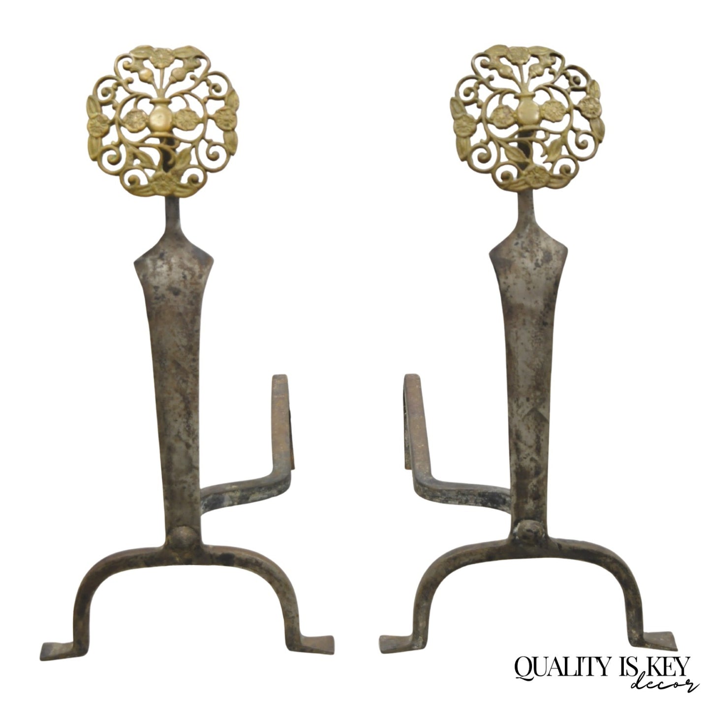 Antique French Art Nouveau Hand Hammered Wrought Iron & Bronze Andirons - a Pair