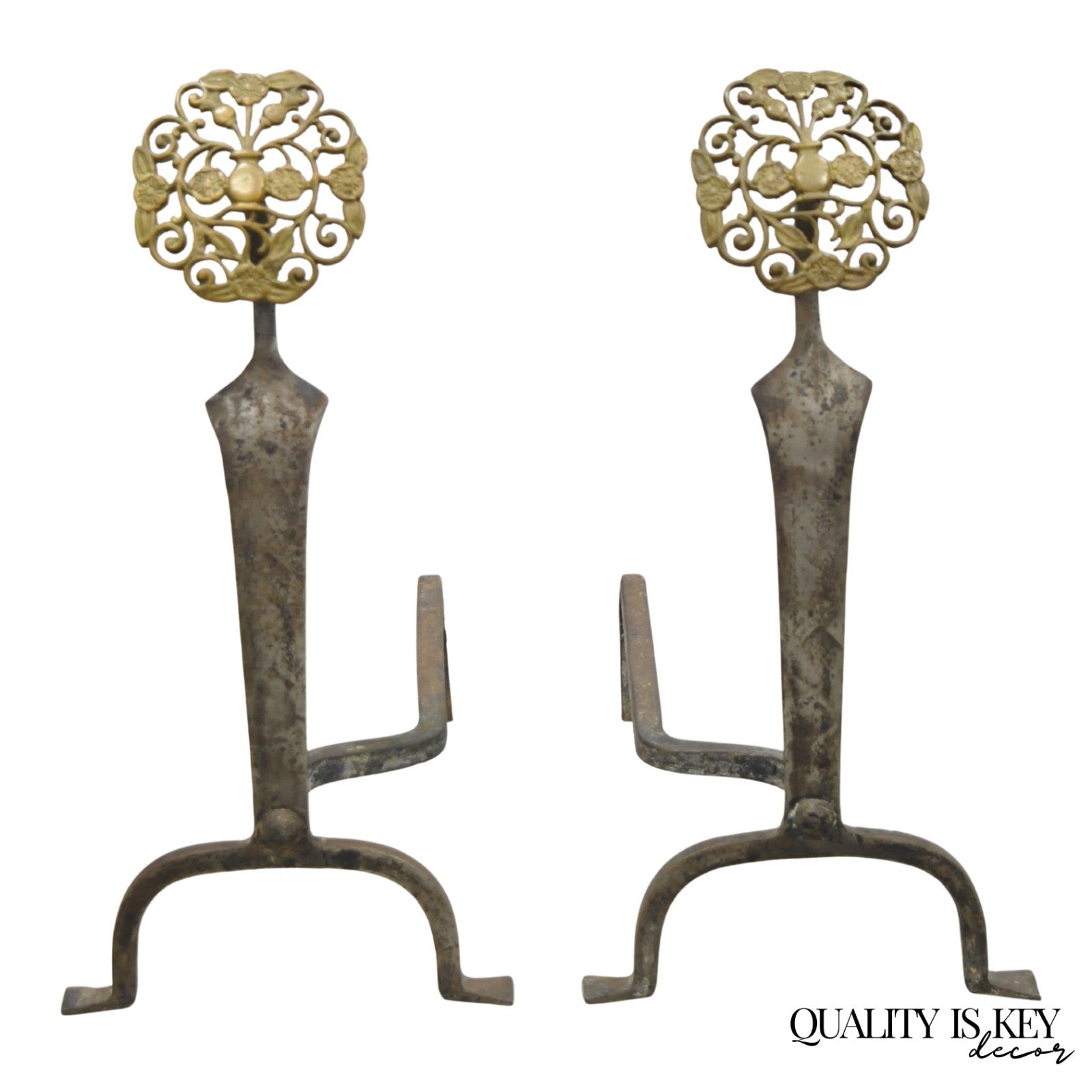 Antique French Art Nouveau Hand Hammered Wrought Iron & Bronze Andirons - a Pair