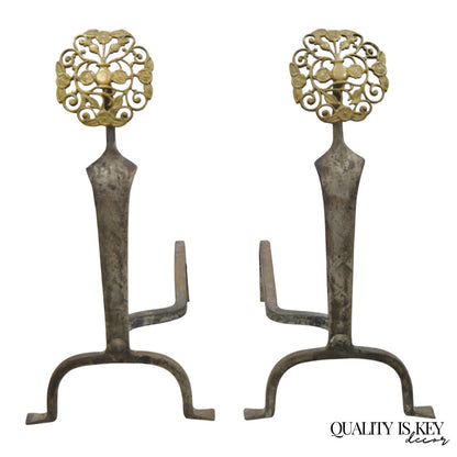 Antique French Art Nouveau Hand Hammered Wrought Iron & Bronze Andirons - a Pair