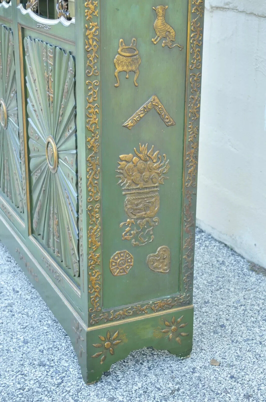 English Chinoiserie Green Distress Painted Tall George III Curio Display Cabinet