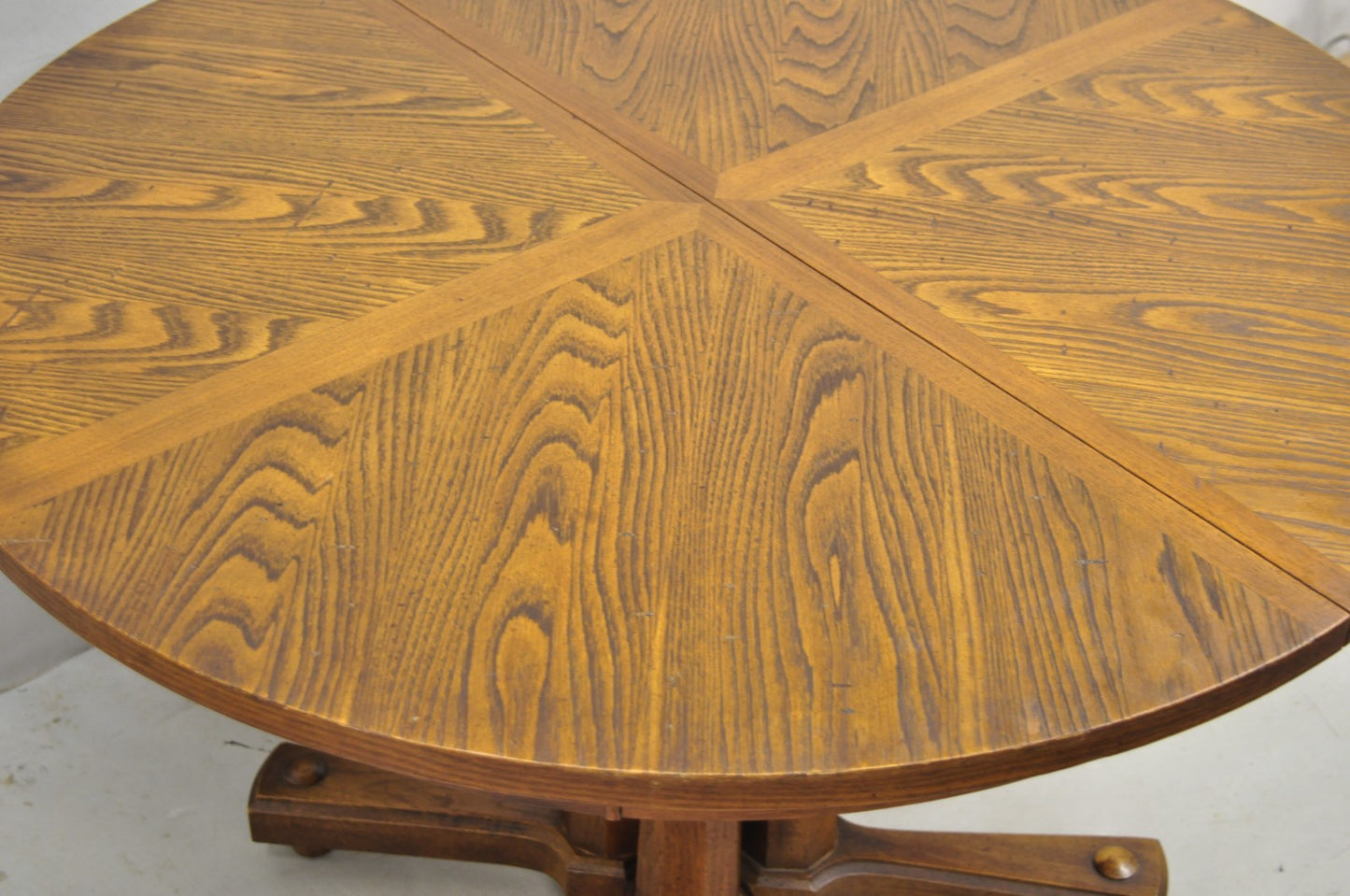 Vintage Mid Century Modern Oak Sunburst Round Extension Pedestal Dining Table
