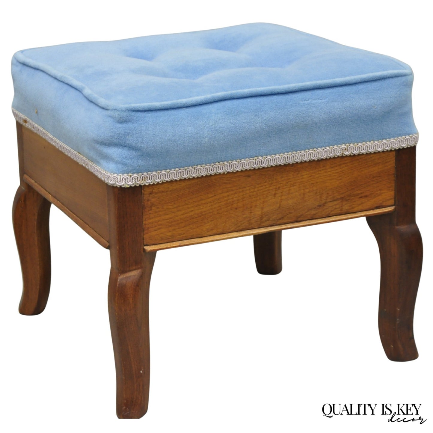 Antique Victorian Walnut Cabriole Leg Blue Tufted Footstool Ottoman Stool