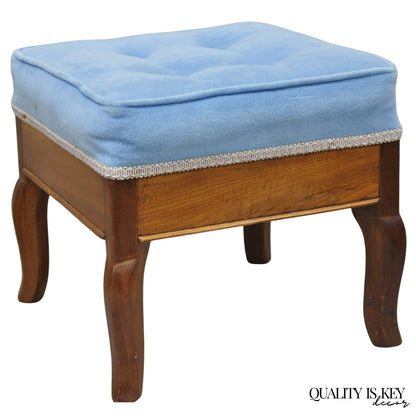 Antique Victorian Walnut Cabriole Leg Blue Tufted Footstool Ottoman Stool