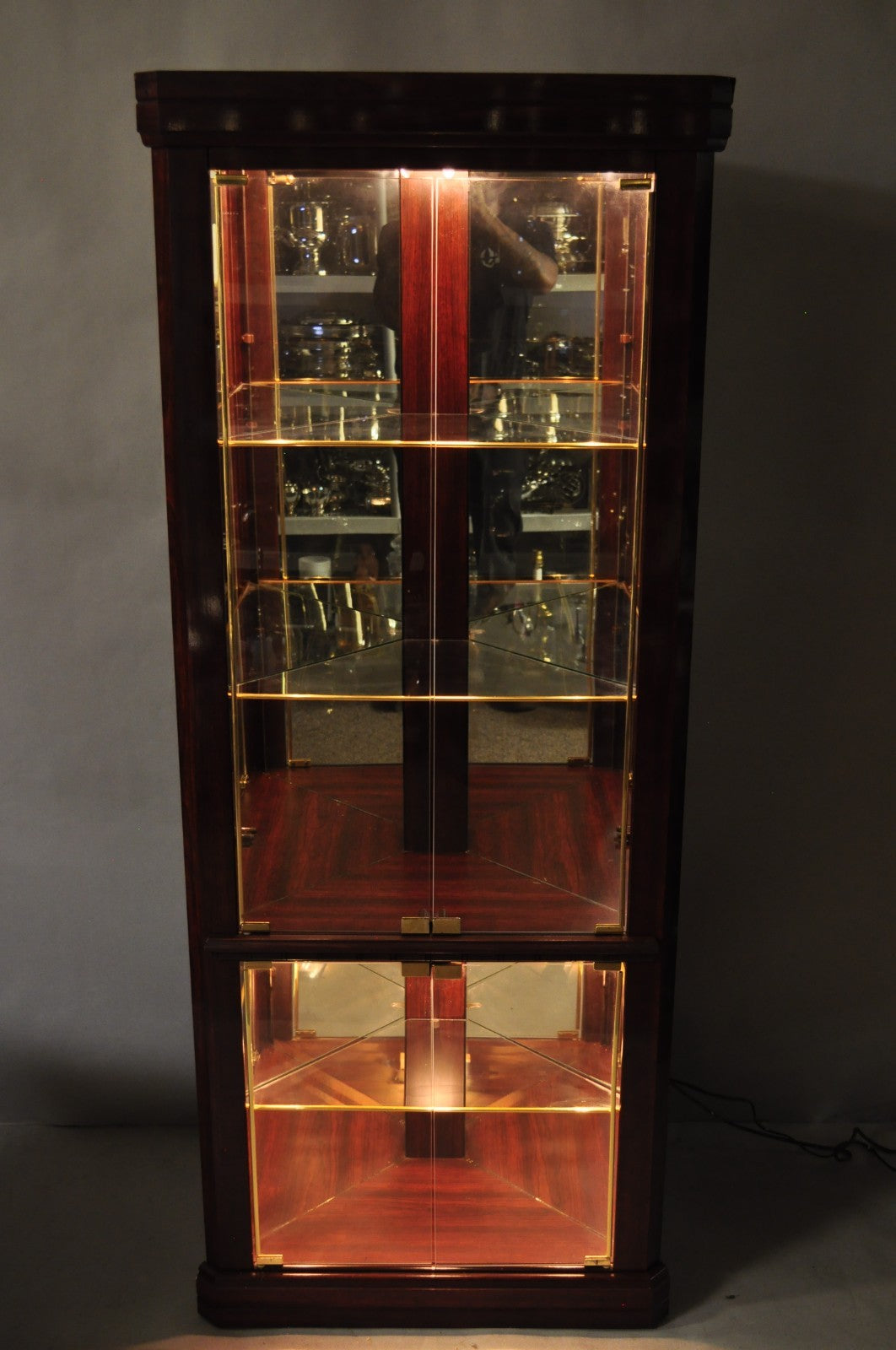 Contemporary Faux Cherry Wood Mirror Glass Corner Curio Display Case Cabinet