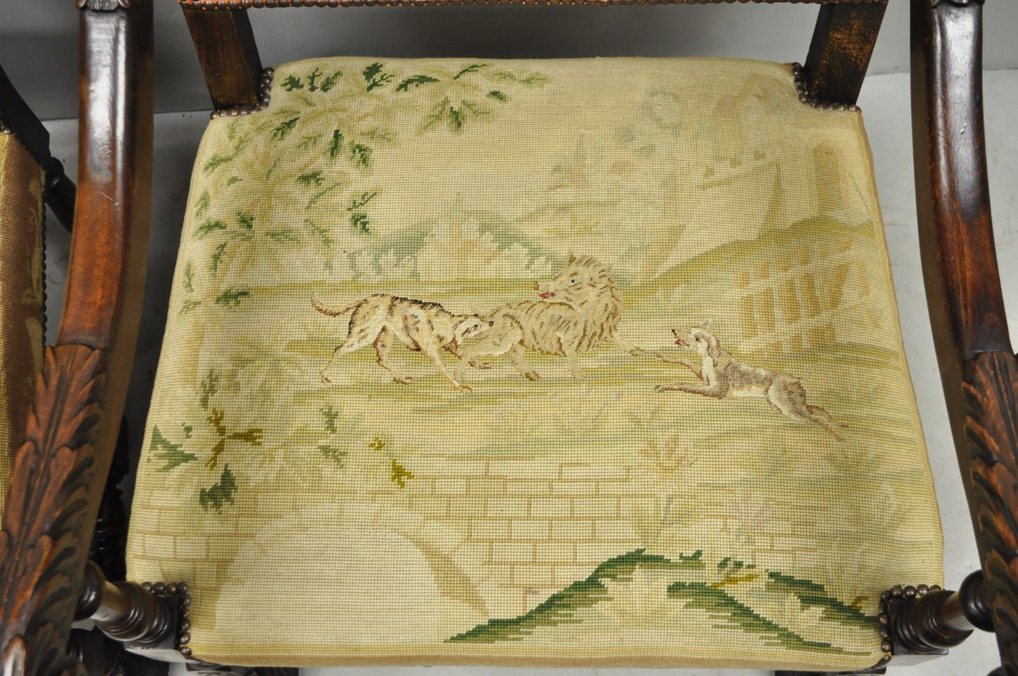 Antique French Louis XIV Style Needlepoint Tapestry Carved Walnut Arm Chair Pair