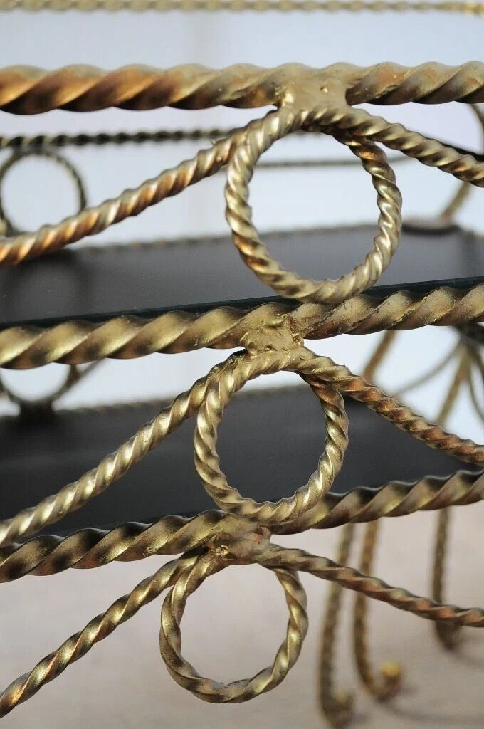 Vintage Italian Hollywood Regency Gold Rope Mirror Top 3 Pc Nesting Side Tables