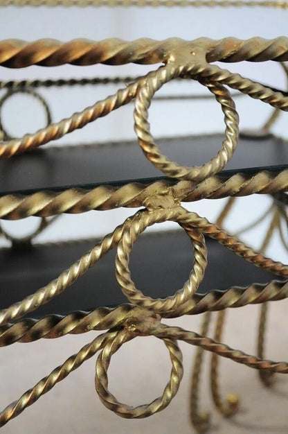 Vintage Italian Hollywood Regency Gold Rope Mirror Top 3 Pc Nesting Side Tables