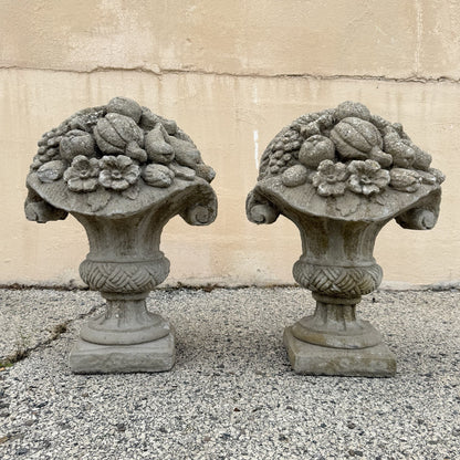 Vintage Cast Cement Stone 26" Fruit & Flower Basket Garden Lawn Ornament - Pair