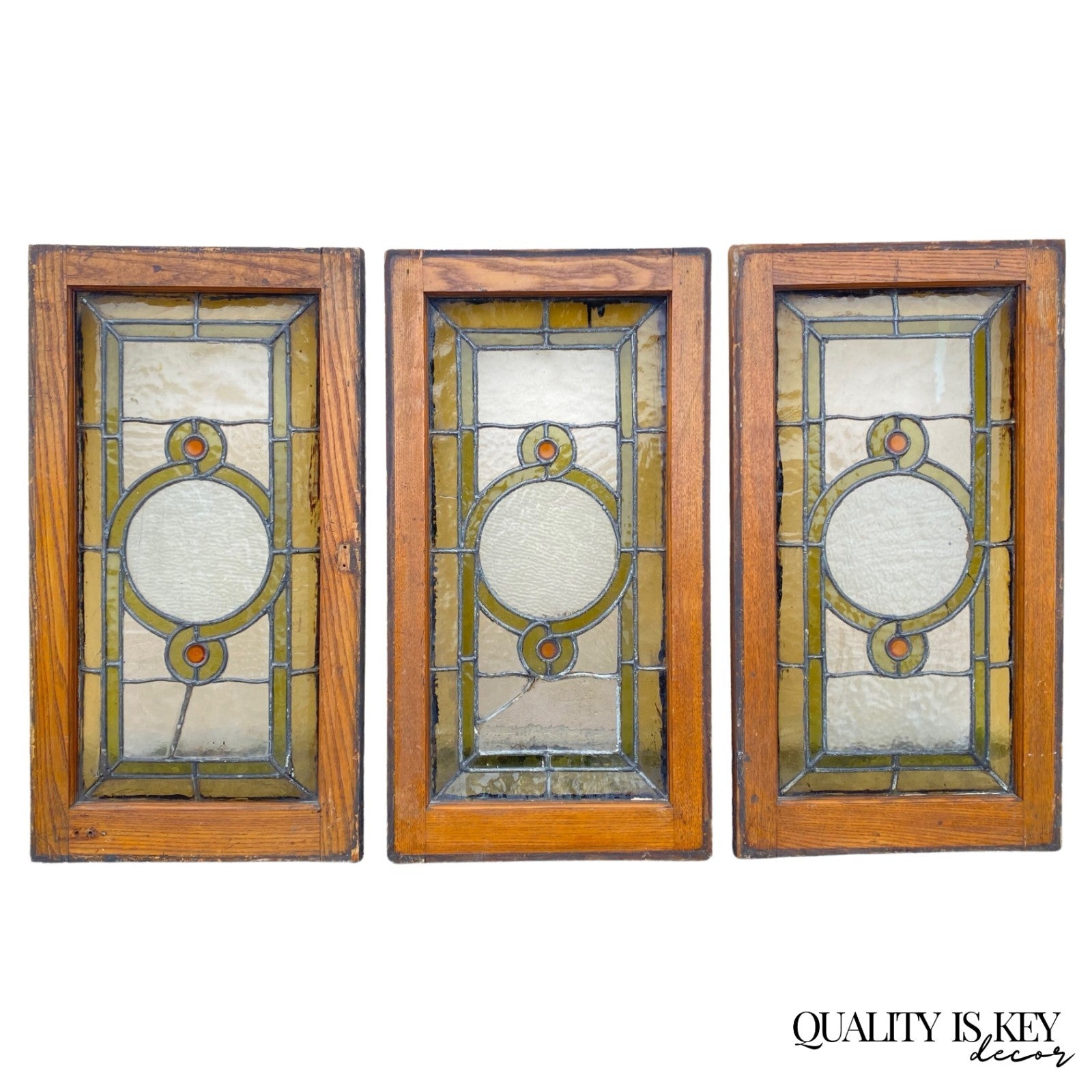 Antique Victorian Green Stained Glass Window Orange Jewel in Wood Frame Set of 3
