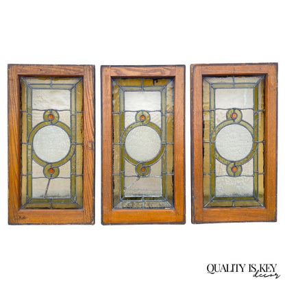 Antique Victorian Green Stained Glass Window Orange Jewel in Wood Frame Set of 3