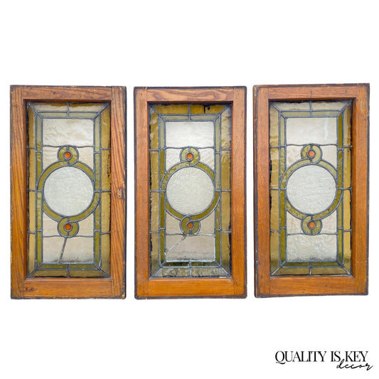 Antique Victorian Green Stained Glass Window Orange Jewel in Wood Frame Set of 3
