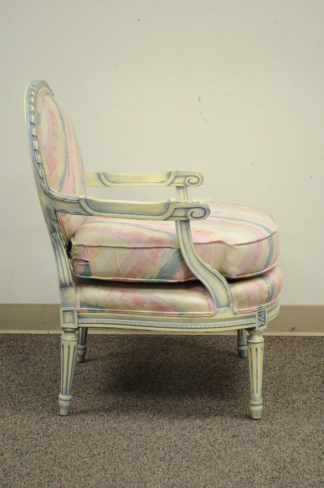 Vintage French Louis XVI Pink Blue Carved Bergere Boudoir Lounge Arm Chair