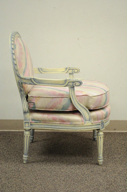 Vintage French Louis XVI Pink Blue Carved Bergere Boudoir Lounge Arm Chair