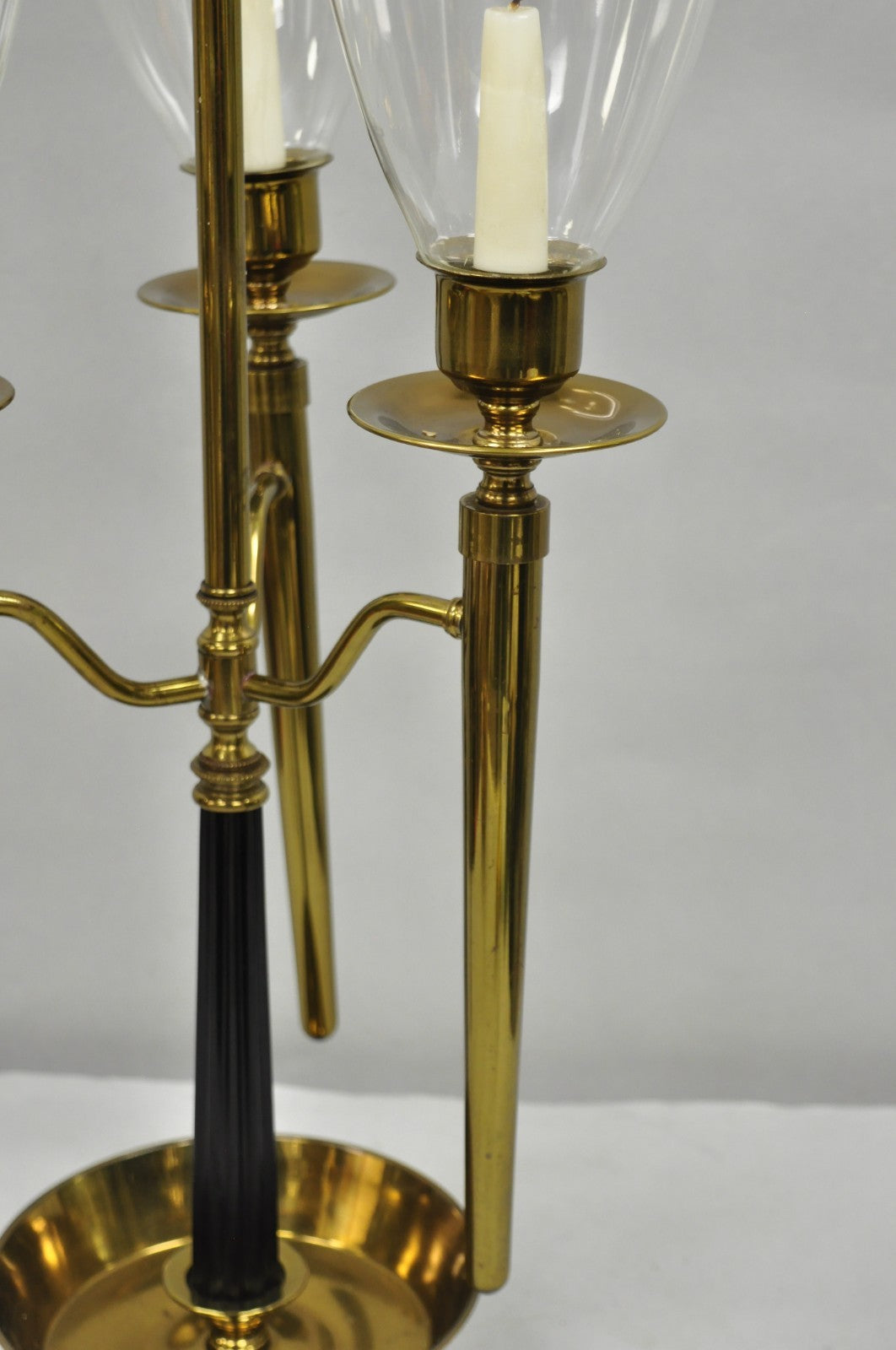 Tommi Parzinger Style Mid Century Modern Tall Brass Hurricane Shade Candelabra