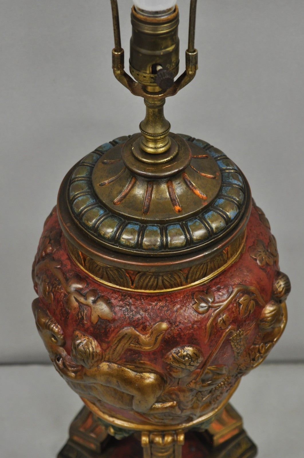 Armor Bronze Co Italian Classical Figural Cherub & Ram Polychrome Urn Table Lamp