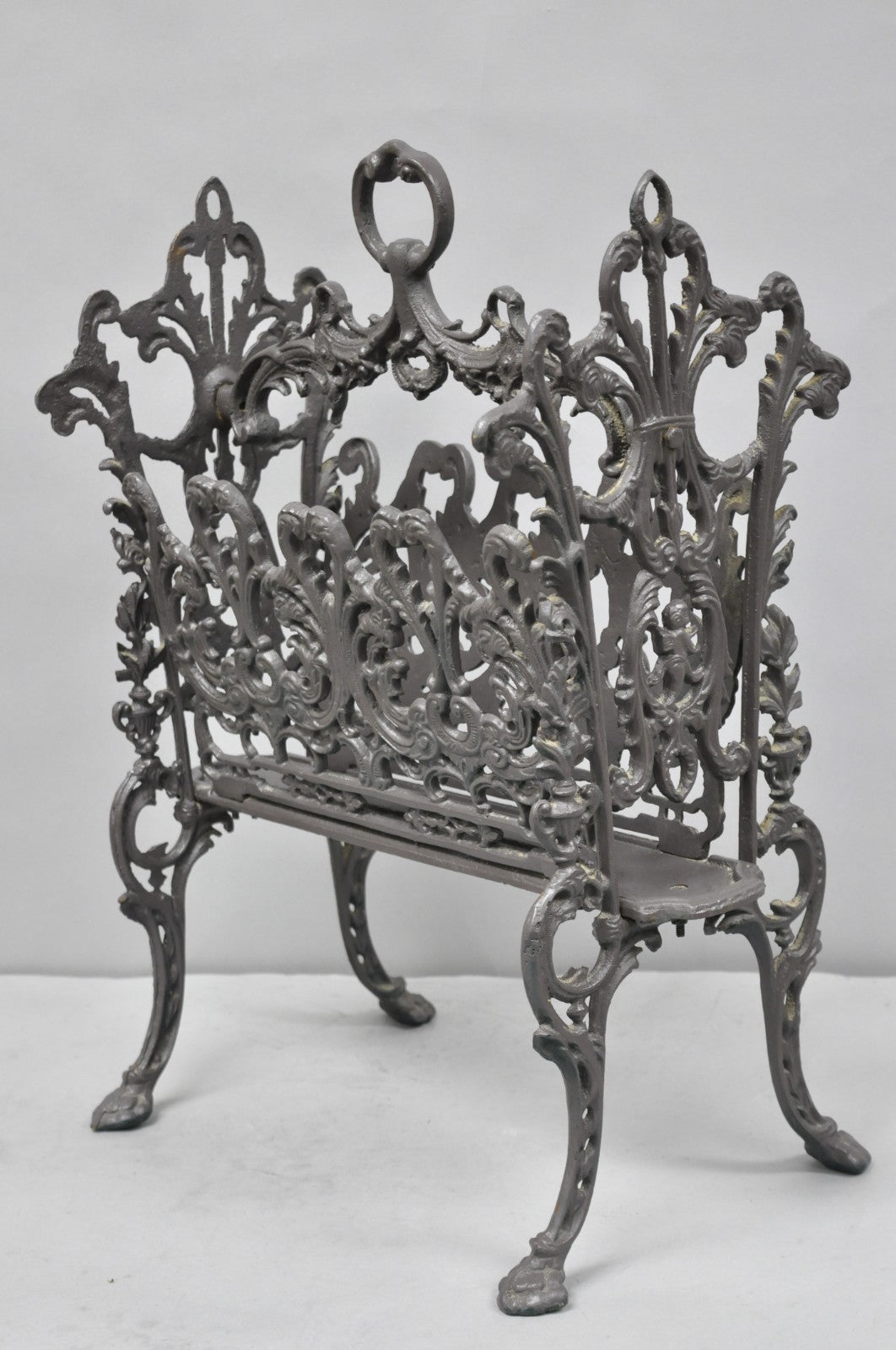 Vintage French Renaissance Victorian Style Cast Iron Magazine Rack with Cherubs