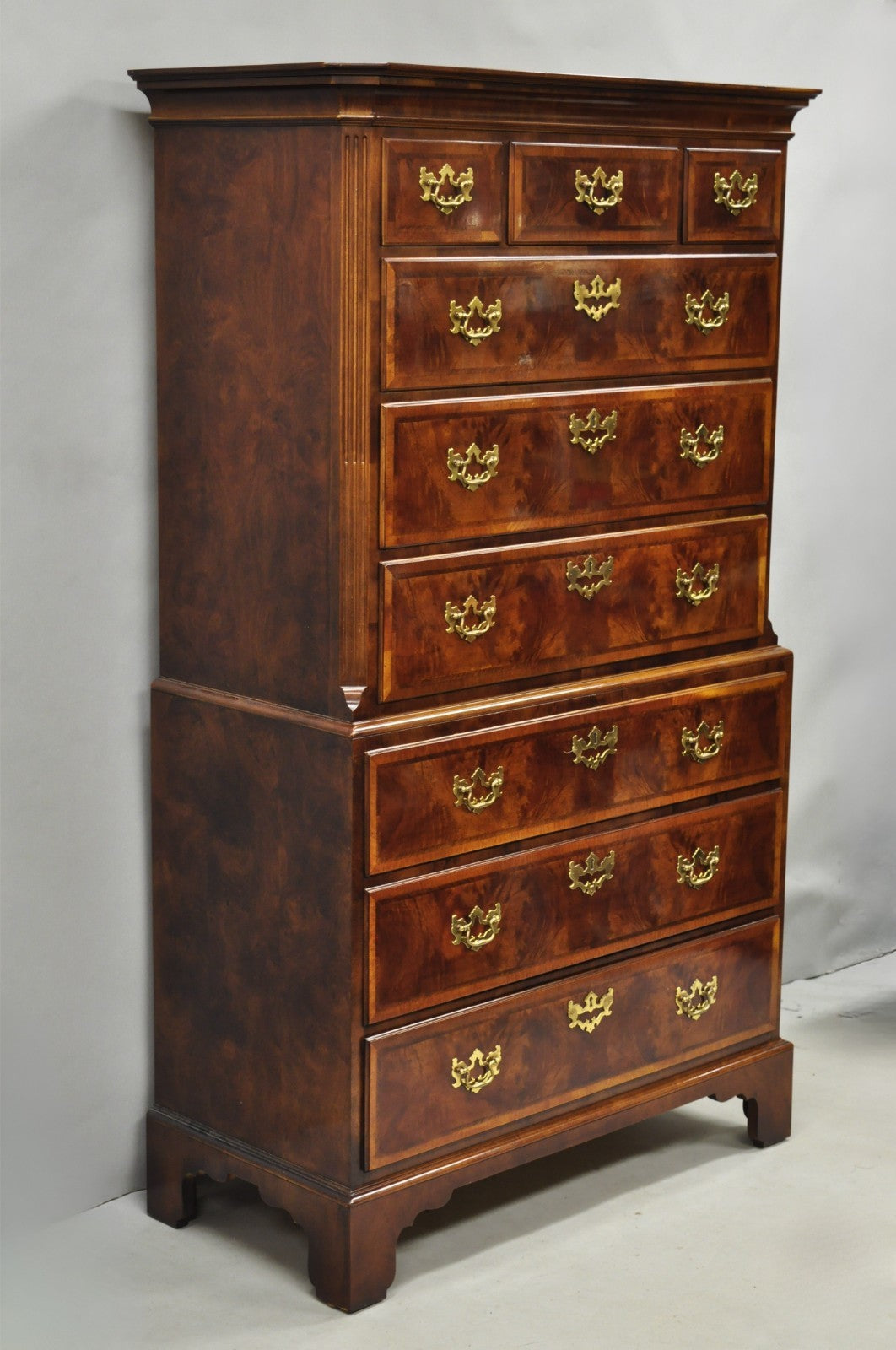 Henredon Aston Court Burl Wood Georgian Mahogany Tall Chest Highboy Dresser