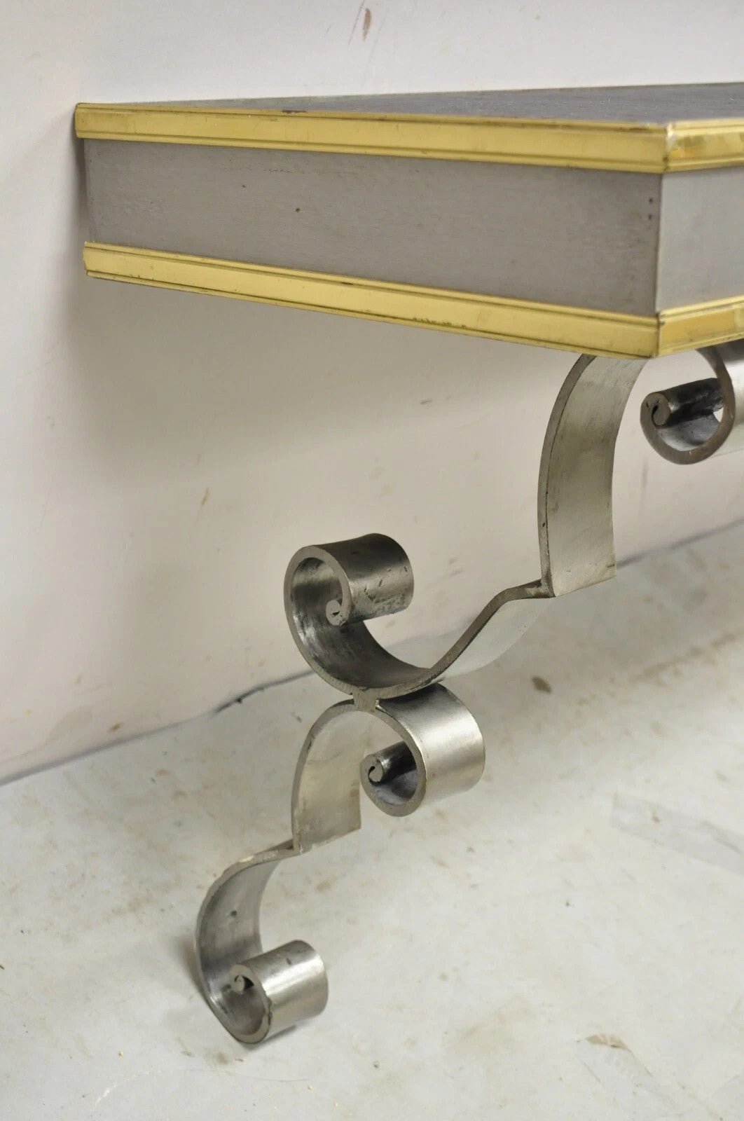 Vintage Italian Regency Steel & Brass Slate Top Wall Mounted Hall Console Table