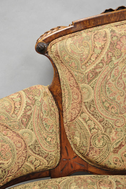 Antique Eastlake Victorian Carved Burl Walnut Parlor Set Sofa & 2 Chairs - 3 Pcs