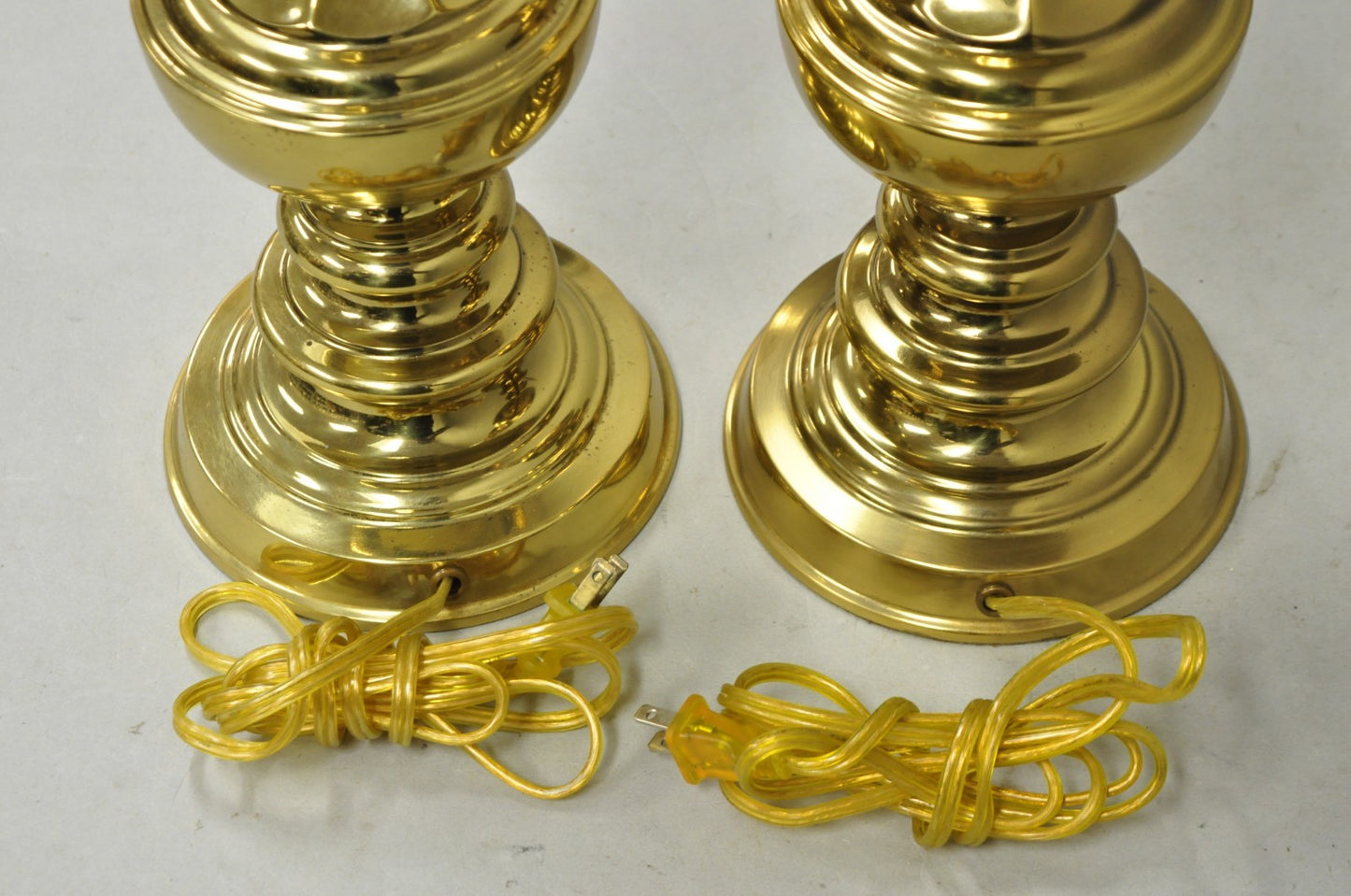 Vintage Hollywood Regency Brass Column Stiffel Style Gold Table Lamps - a Pair