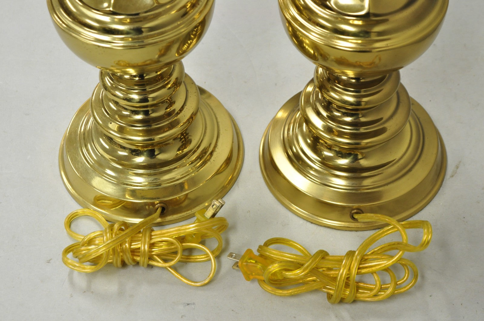 Vintage Hollywood Regency Brass Column Stiffel Style Gold Table Lamps - a Pair