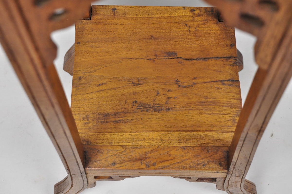 Vintage French Art Nouveau Style Carved Teak Pedestal Plant Stand Side Table