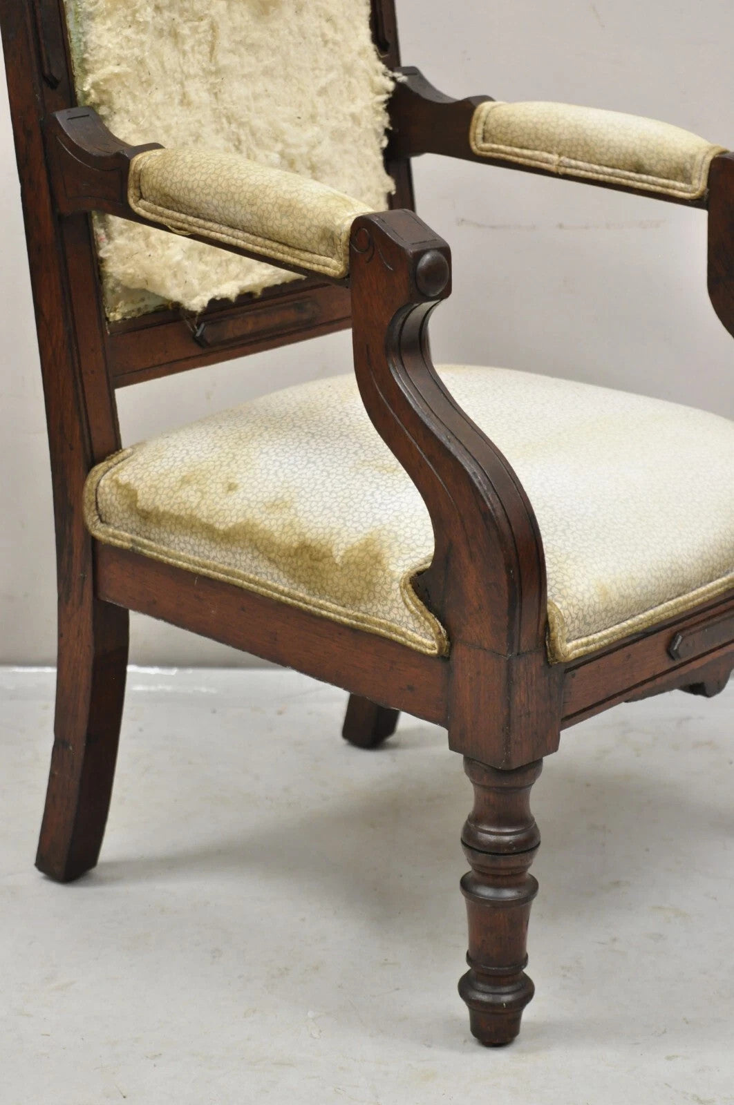 Antique Small Child's Eastlake Victorian Carved Walnut Distress Parlor Arm Chair