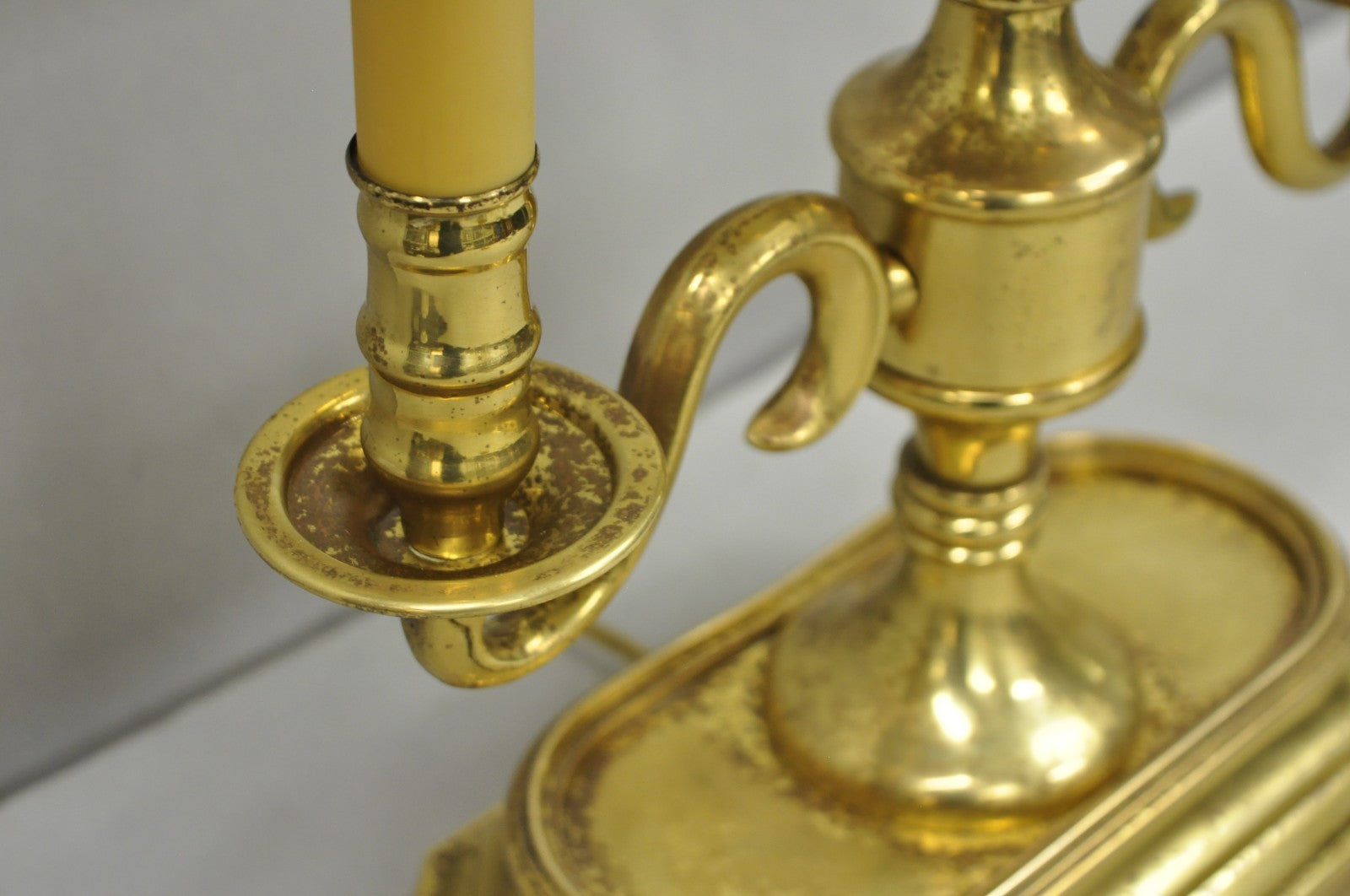 Vintage French Empire Style Brass Candlestick Bouillotte Desk Lamp w/ Tole Shade
