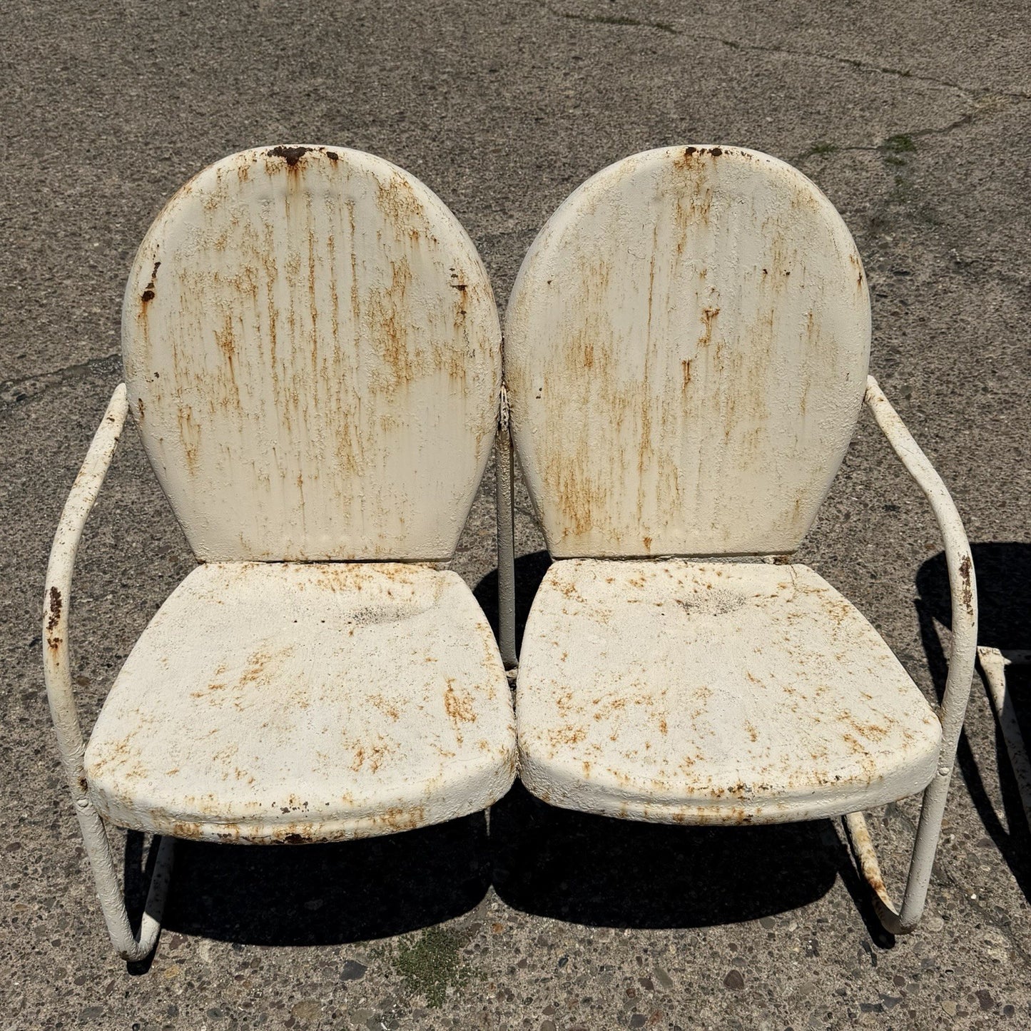 Vintage Art Deco Steel Metal Clam Shell Double Seat Porch Patio Loveseat - Pair