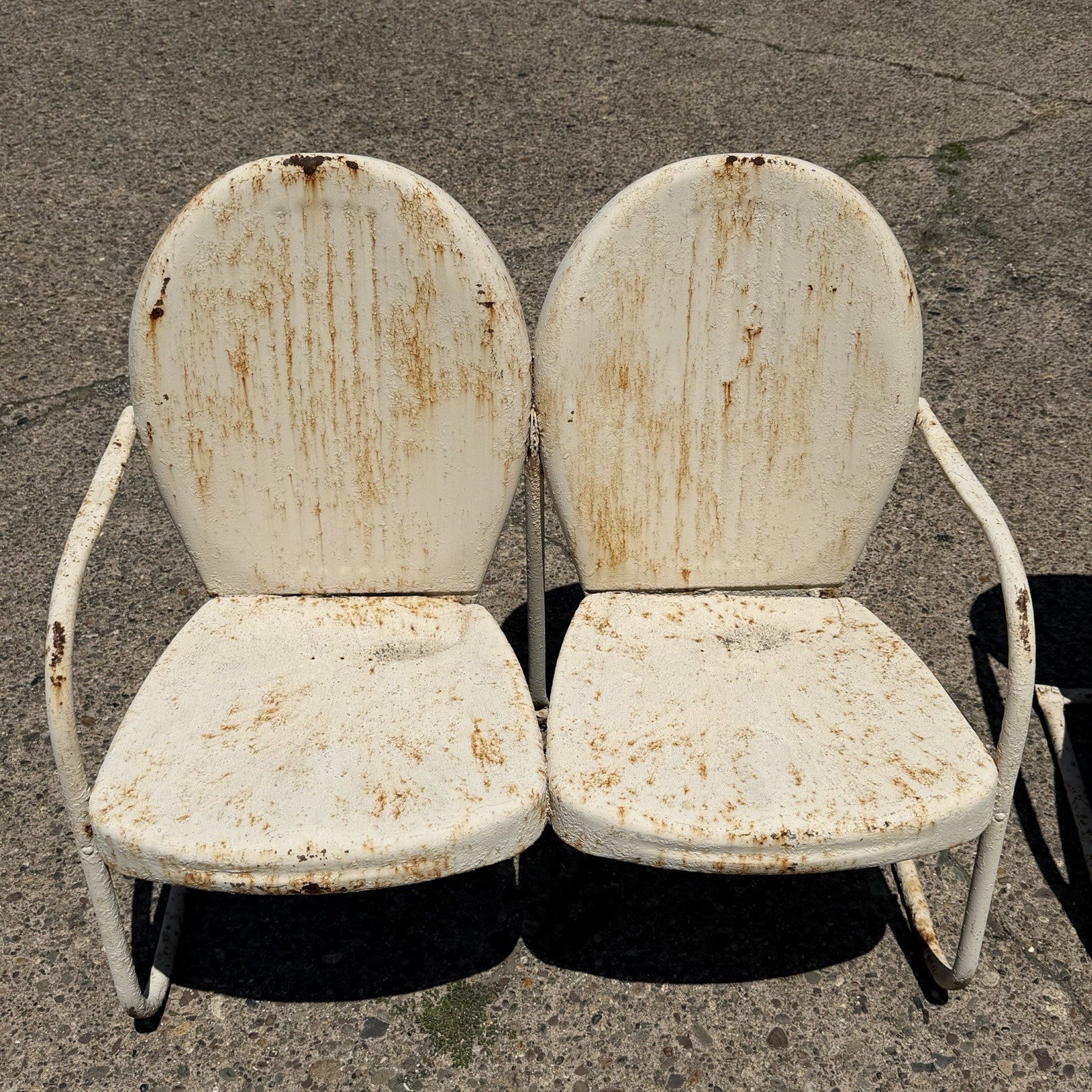 Vintage Art Deco Steel Metal Clam Shell Double Seat Porch Patio Loveseat - Pair