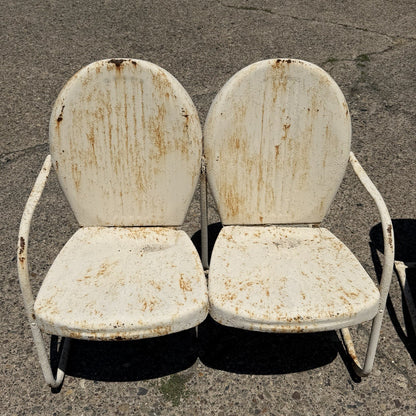 Vintage Art Deco Steel Metal Clam Shell Double Seat Porch Patio Loveseat - Pair