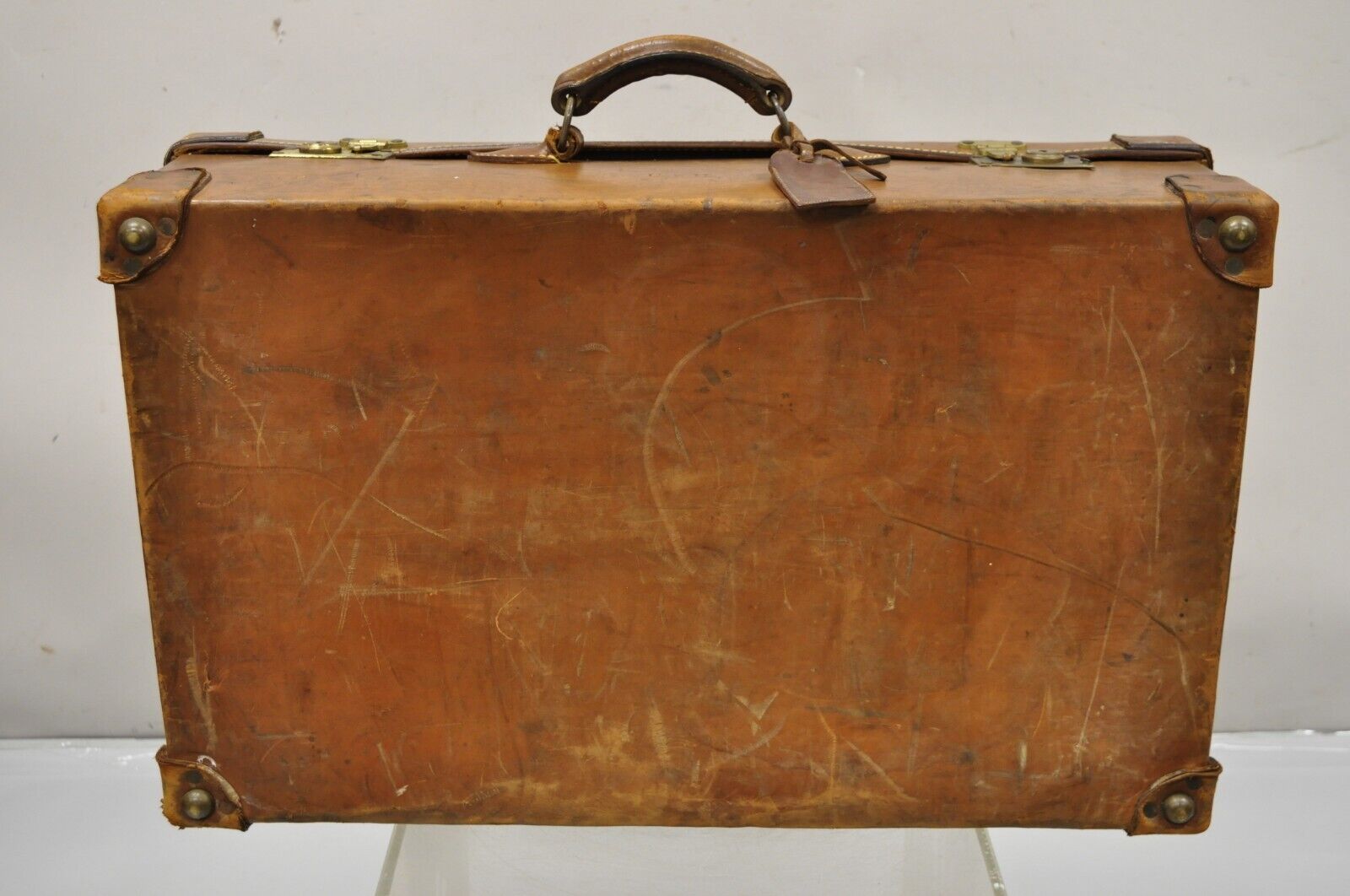 Antique Vintage English Brown Leather 28” Suitcase Trunk Hard Luggage