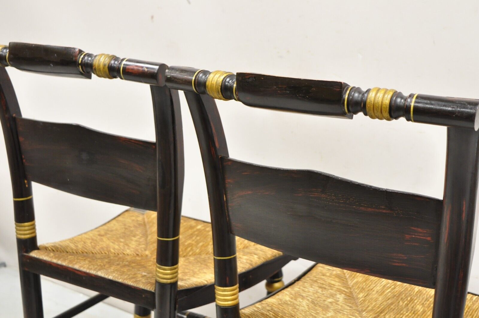 Antique Hitchcock Black and Gold Harvest Stencil Rush Side Chairs - a Pair