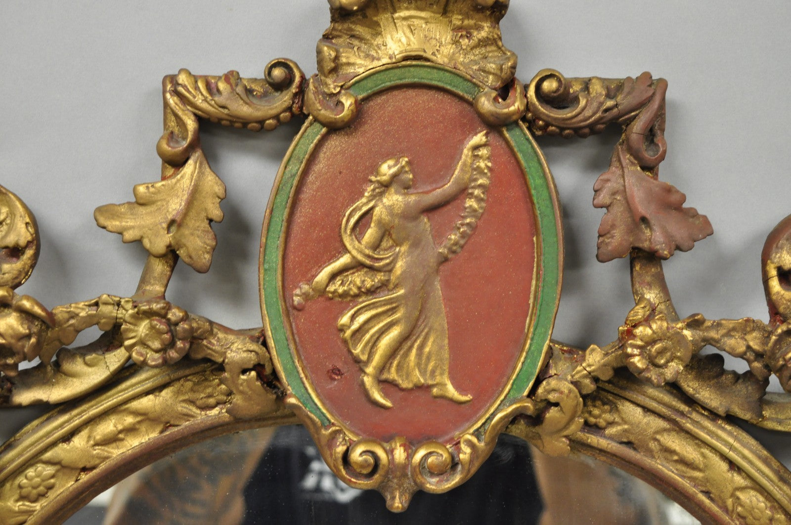 Antique French Neoclassical Baroque Gold Gilt Gesso Red Glass Frame Wall Mirror