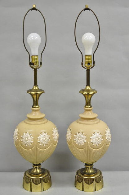 Vintage Hollywood Regency Beige Bulbous Ceramic Snowflake Table Lamps - a Pair