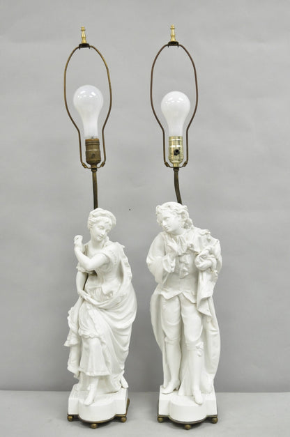 Victorian White Parian Porcelain Figural Bisque Man and Woman Table Lamps, Pair