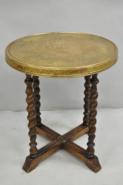 Antique Chinoiserie Oak Barley Twist Chinese Brass Dragon Side Table by Ferguson