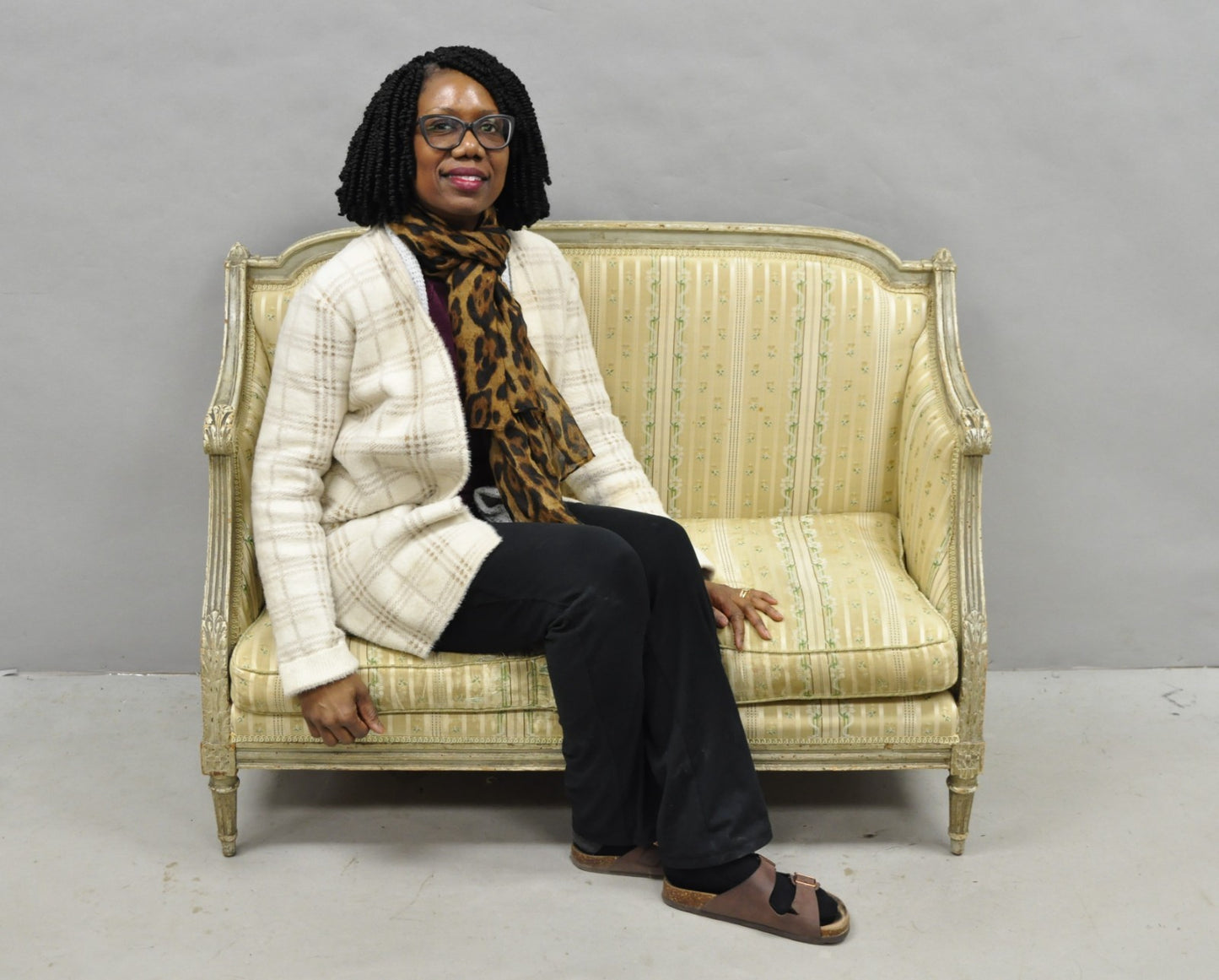 Antique French Louis XVI Style Cream Distress Painted Petite Canape Settee Sofa