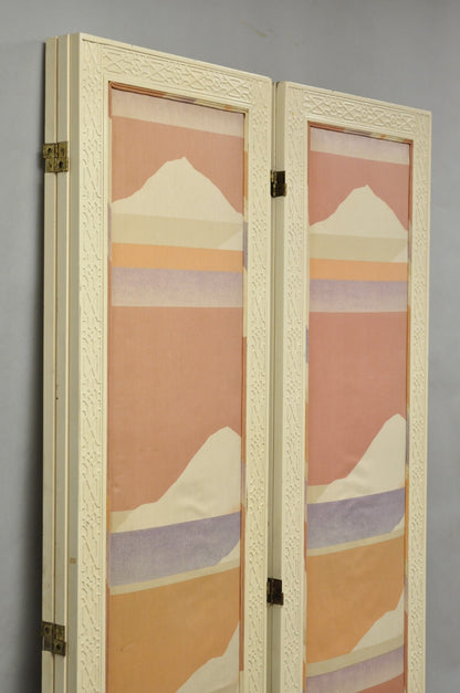Vintage Oriental Fretwork Bone Lacquer Upholstered 6 Panel Room Divider Screen