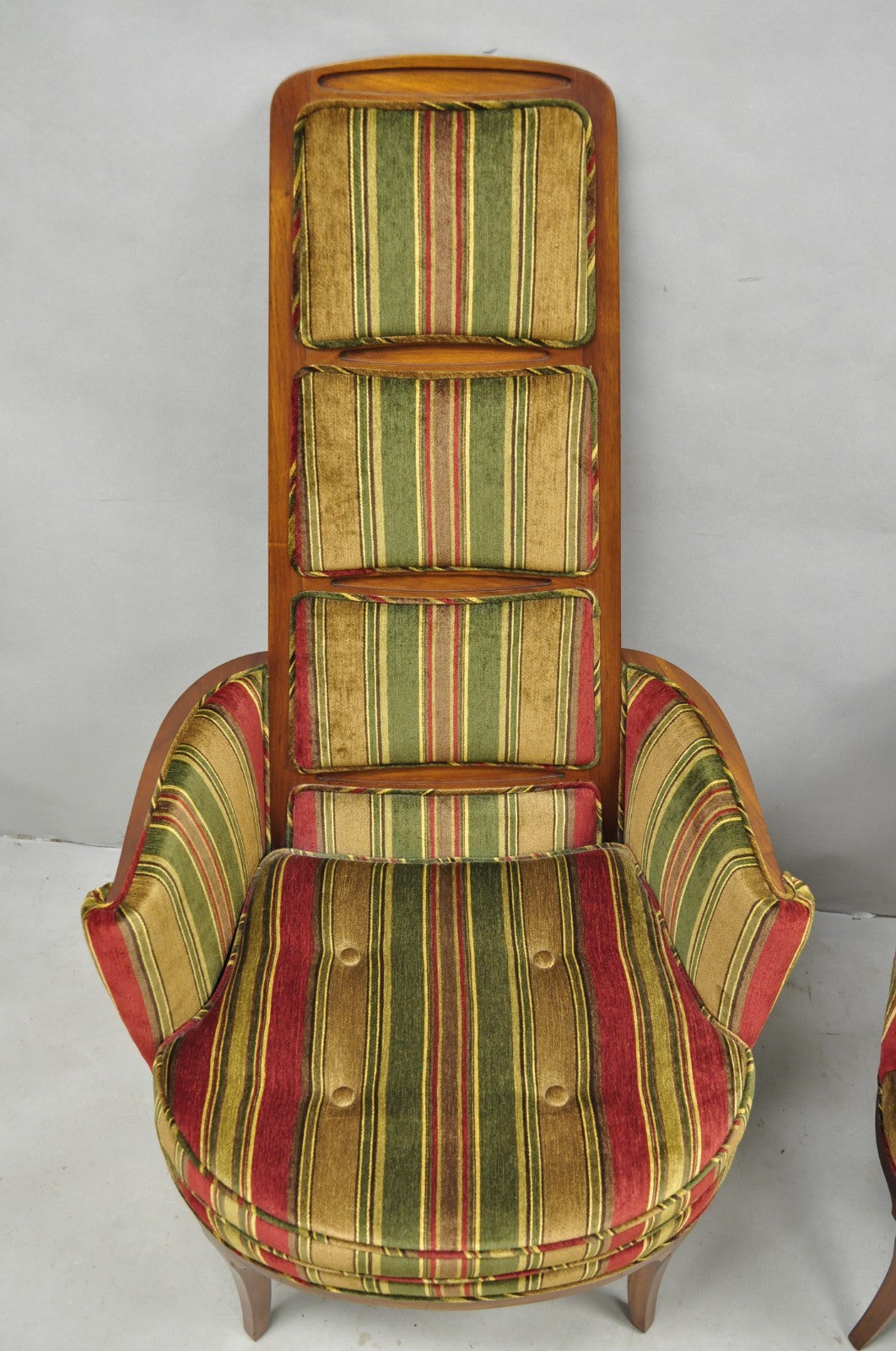 Vintage Mid Century Modern Walnut Panel Back Sculptural Lounge Arm Chairs - Pair