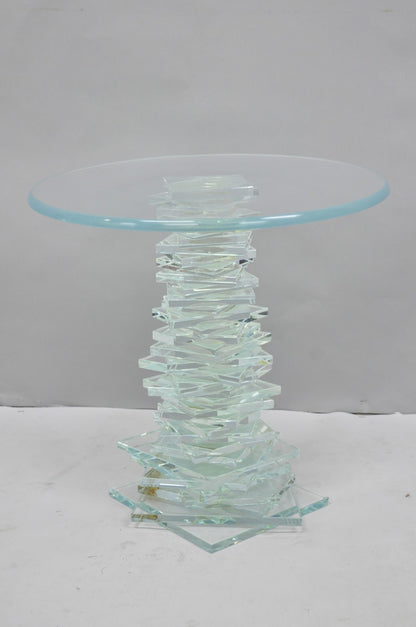 Vintage Mid Century Modern Stacked Glass Skyscraper Round Accent Side Table