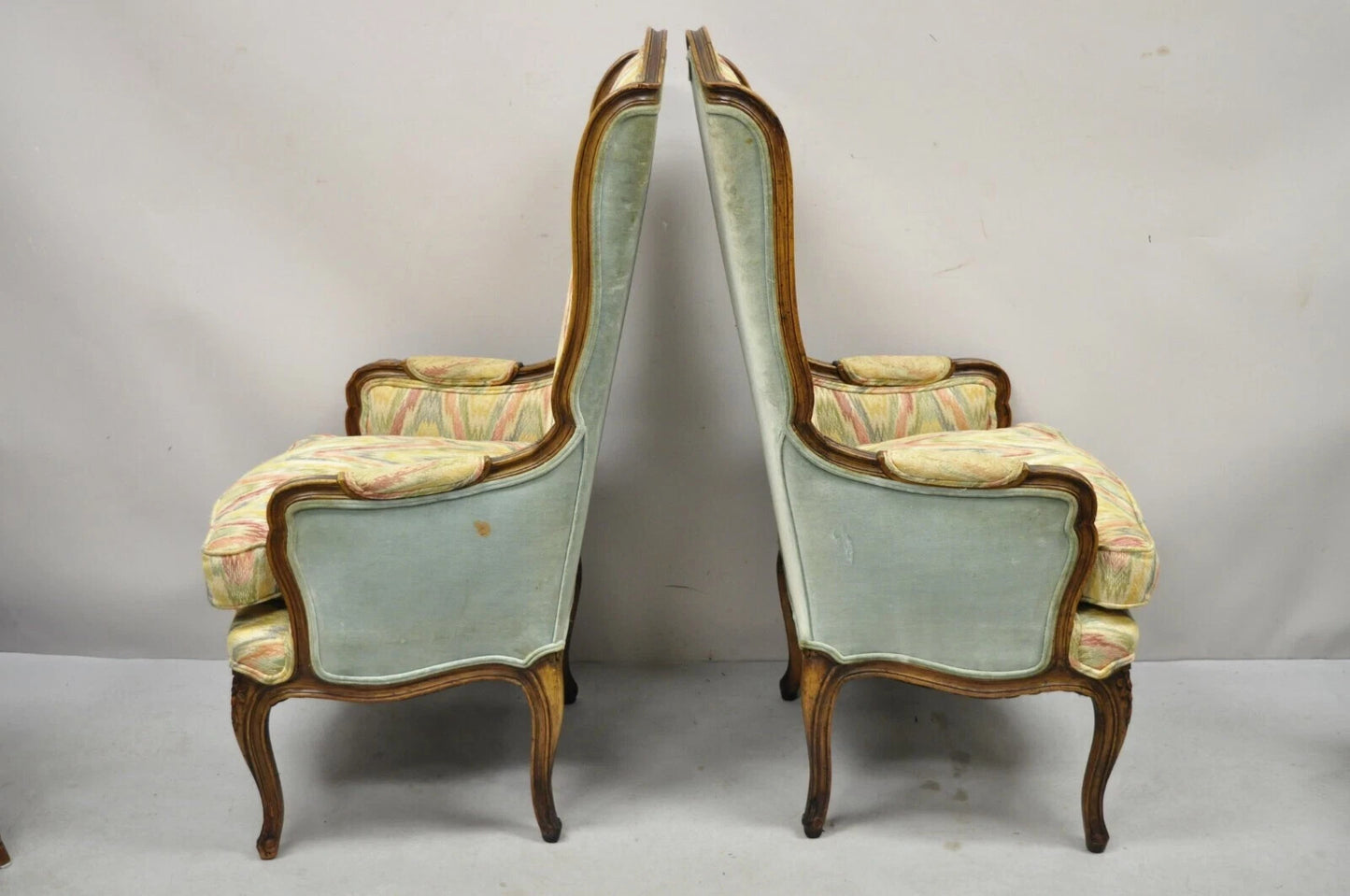 Vintage French Country Provincial High Back Walnut Arm Chairs (A) - a Pair