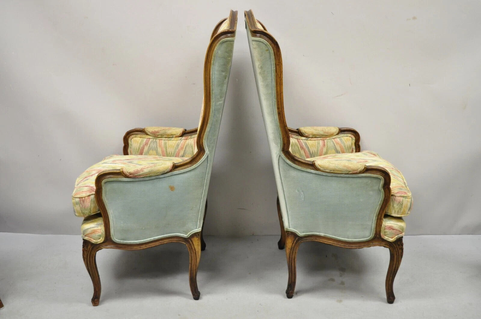 Vintage French Country Provincial High Back Walnut Arm Chairs (A) - a Pair