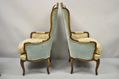 Vintage French Country Provincial High Back Walnut Arm Chairs (A) - a Pair