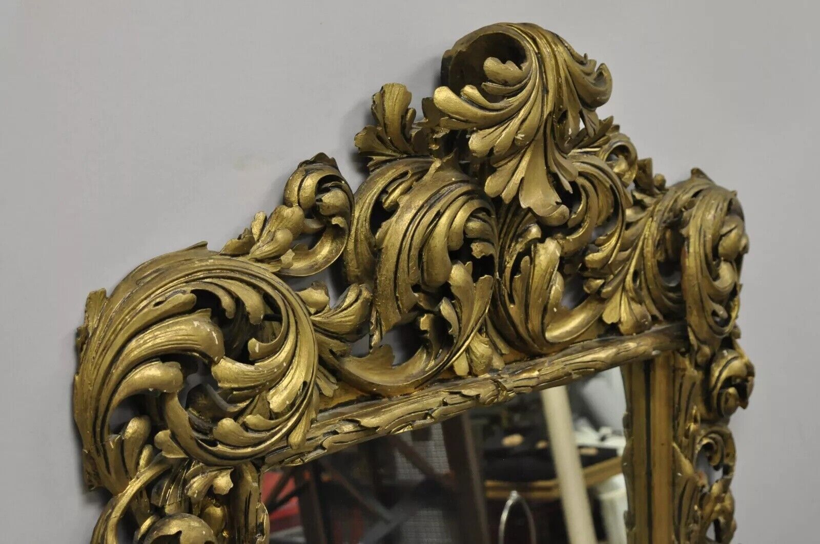 19th C French Rococo Gold Giltwood Relief Carved Wood Acanthus Leaf Wall Mirror