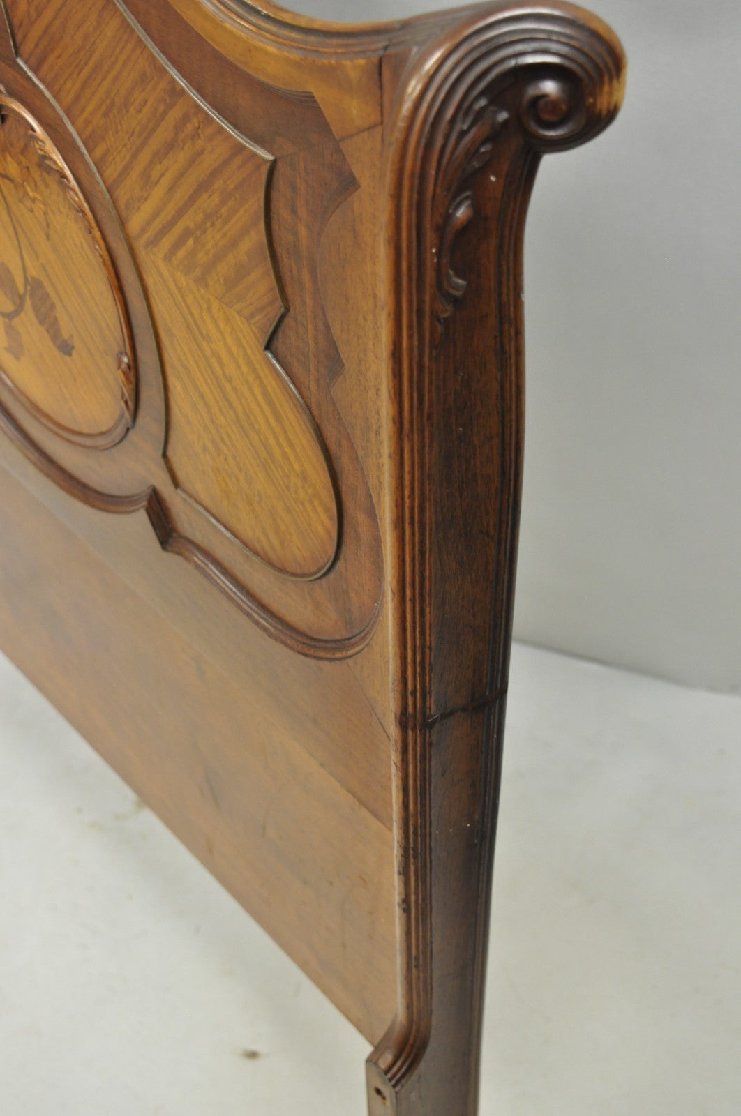 Antique French Louis XV Style Walnut Satinwood Inlay Twin Bed Frames - a Pair