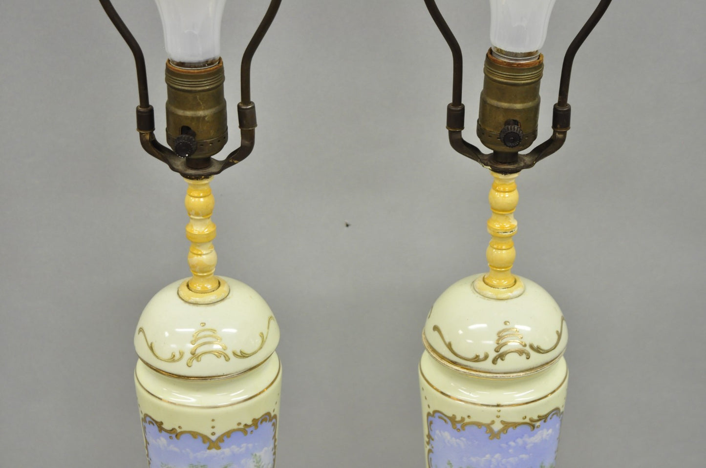 Antique French Renaissance Slender Porcelain Urn Hand Painted Table Lamps - Pair