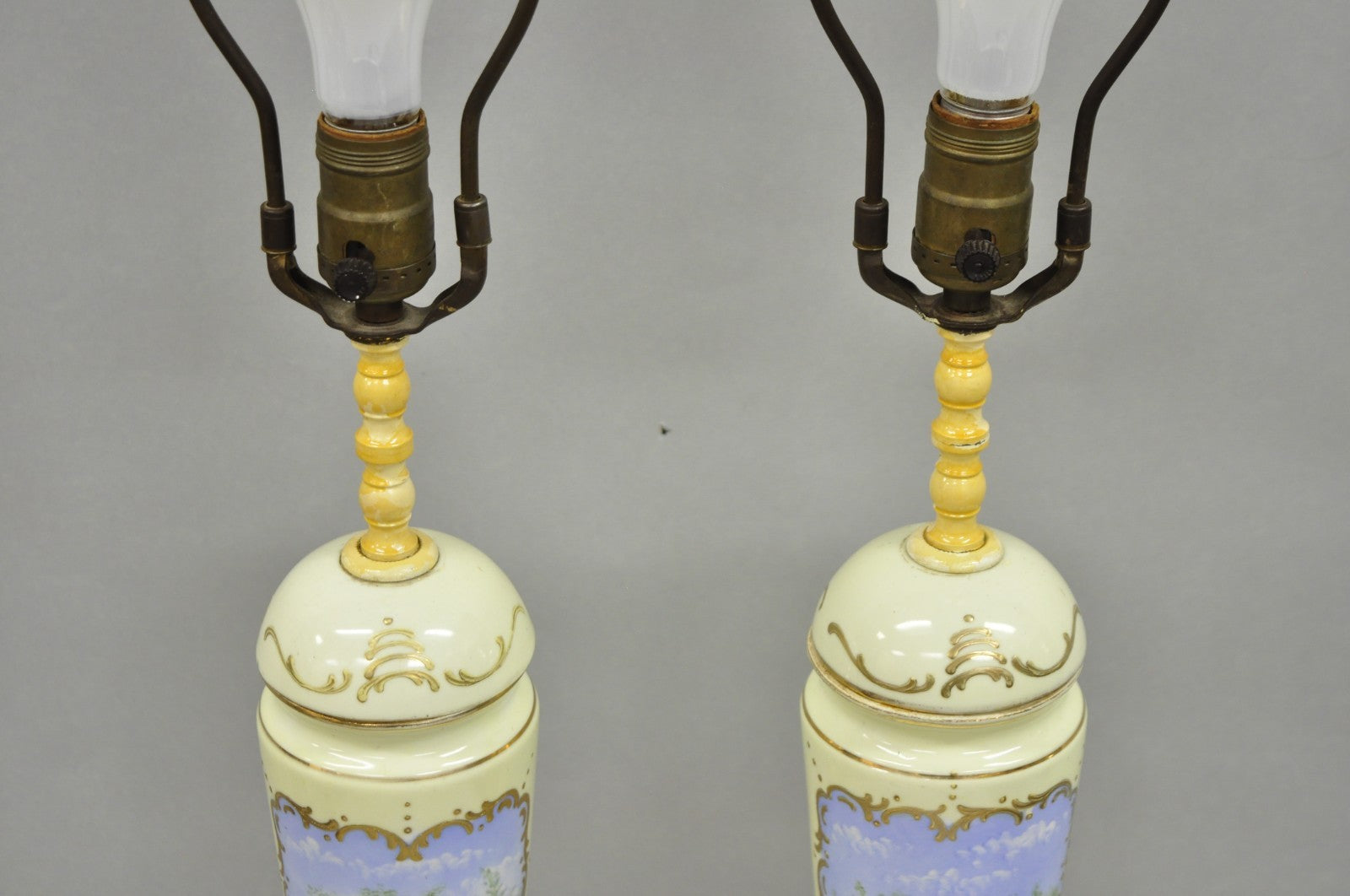Antique French Renaissance Slender Porcelain Urn Hand Painted Table Lamps - Pair